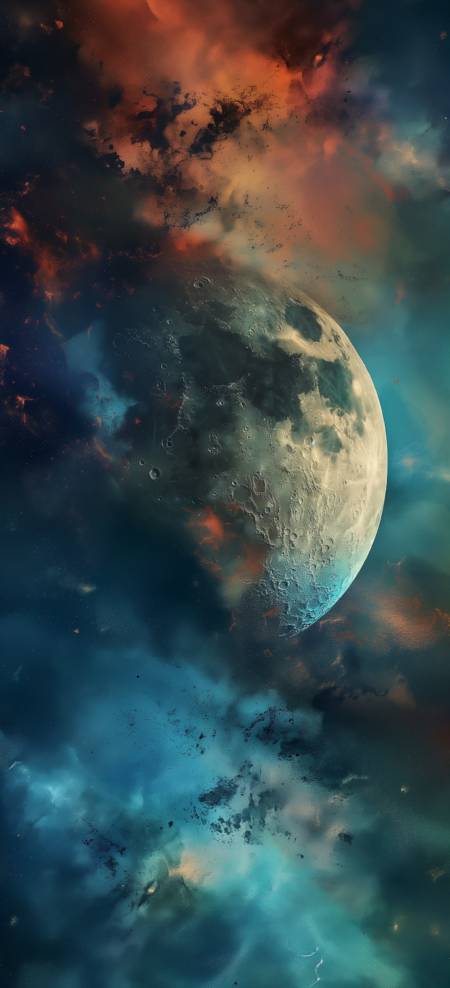 抽象的月亮景观风格，带有温暖的彩色亮点和凉爽的阴影。 背景中的深空。