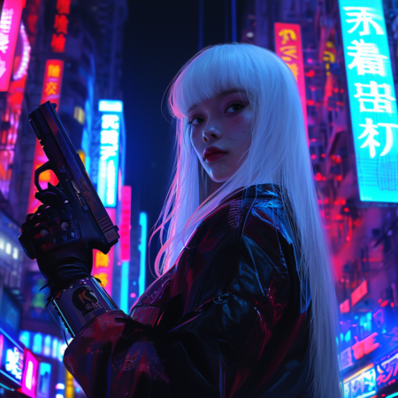 一个拥有美丽的18岁女孩可以阻止交通的女孩，在一个巨大的赛博朋克城市中间，她的长长的白色头发被用刘海的公主割成，她手里拿着枪，她看上去很小， 与围绕她的高耸的摩天大楼和霓虹灯相比，微不足道