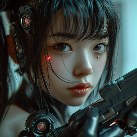 一个18岁的日本半机械人的女孩，拥有令人惊叹的美丽，吸引了无数人，她的脸很苗条，杏仁形的眼睛，直鼻子，她的头发有黑发，带有马尾辫发型，发光的幻想，迷人的凝视 皮肤，颈部和身体是机械的，风格的艺术，并握着未来的技术枪
