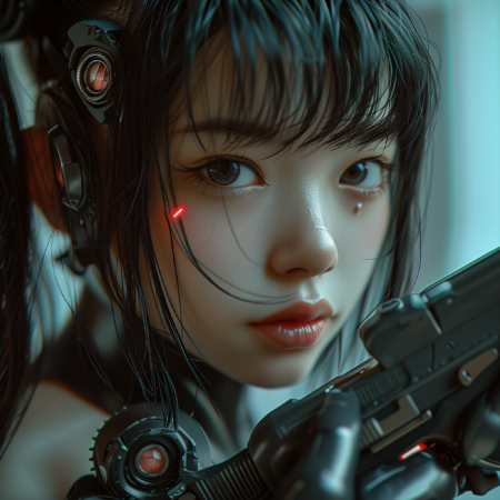一个18岁的日本半机械人的女孩，拥有令人惊叹的美丽，吸引了无数人，她的脸很苗条，杏仁形的眼睛，直鼻子，她的头发有黑发，带有马尾辫发型，发光的幻想，迷人的凝视 皮肤，颈部和身体是机械的，风格的艺术，并握着未来的技术枪
