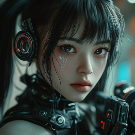 一个18岁的日本半机械人的女孩，拥有令人惊叹的美丽，吸引了无数人，她的脸很苗条，杏仁形的眼睛，直鼻子，她的头发有黑发，带有马尾辫发型，发光的幻想，迷人的凝视 皮肤，颈部和身体是机械的，风格的艺术，并握着未来的技术枪