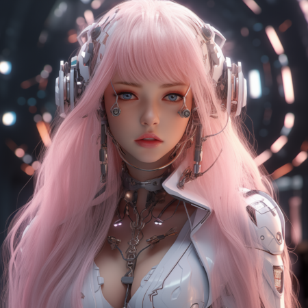 一个18岁的Cyberpunk Cyborg Girl，有长长的白色和粉红色的头发以及公主的剪裁边缘，具有非常精致而美丽的特征，美丽的王国。 她有心形的脸，机械的右眼，迷人的目光和凝视，传达了对未来无能的感觉，也传达了希望的同时，野外深度，强烈的凝视，她的脸上的某些部分也是 机械，她的脖子也是机械的。 她是一半的网络朋克机器人，风格的艺术，鲜明的焦点面，超级真正的4K
