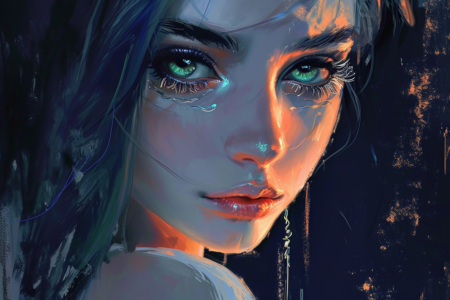 黑光绘画，女性眼睛和眉毛，长睫毛，微笑，黑色背景