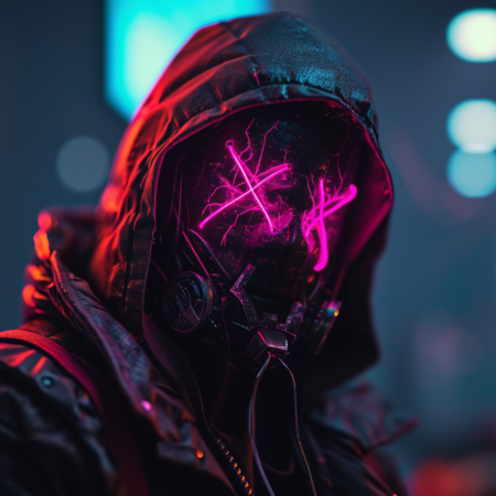 逼真的网络朋克刺客戴着霓虹灯发光面具，其面具，数字时代，未来派