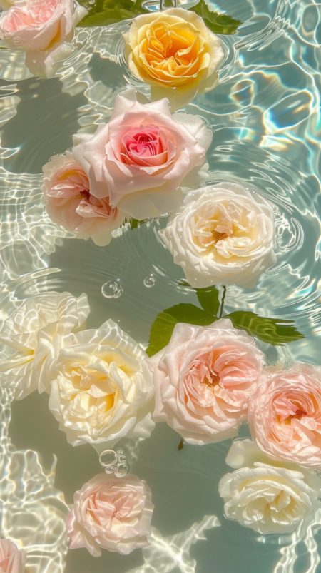 淡黄色、淡粉色的小玫瑰，淹没在透明清澈的水中，漂浮着，美得难以形容。近距离平拍拍摄的白色沙滩，光线明亮，清澈透明