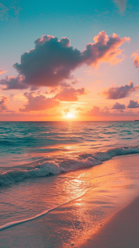 沙滩和海洋上美丽的日落，浅青色和浅洋红色的风格，壮观的背景