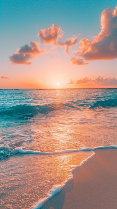 沙滩和海洋上美丽的日落，浅青色和浅洋红色的风格，壮观的背景