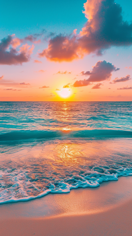 沙滩和海洋上美丽的日落，浅青色和浅洋红色的风格，壮观的背景