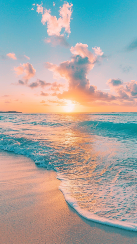 沙滩和海洋上美丽的日落，浅青色和浅洋红色的风格，壮观的背景