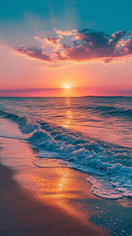 沙滩和海洋上美丽的日落，浅青色和浅洋红色的风格，壮观的背景