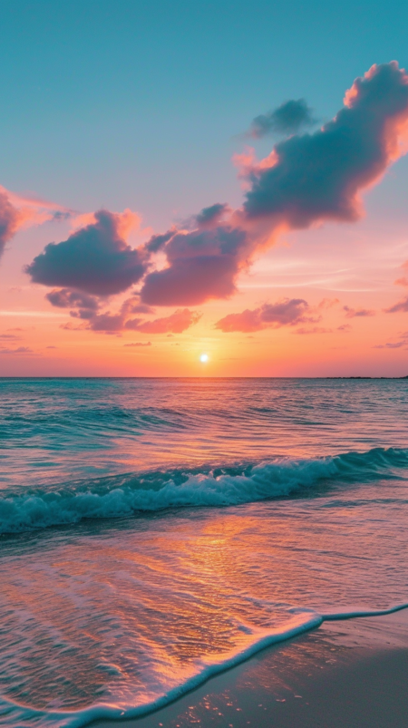 沙滩和海洋上美丽的日落，浅青色和浅洋红色的风格，壮观的背景