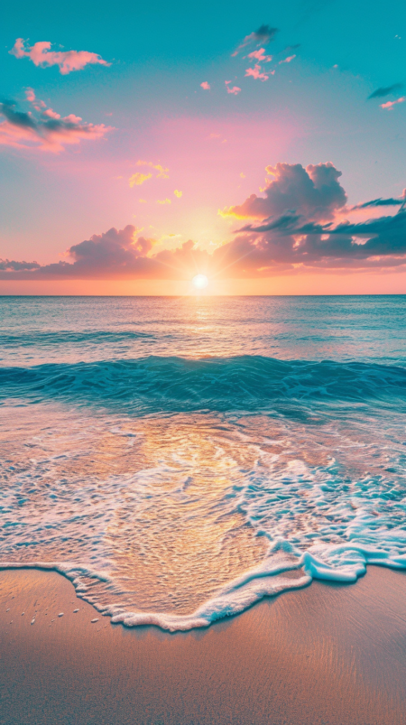 沙滩和海洋上美丽的日落，浅青色和浅洋红色的风格，壮观的背景