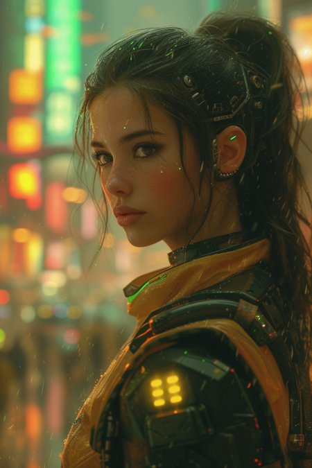 一位美丽优雅的女性，她的控制论增强与她的运动体格完美融合，但她坚定的目光中闪耀着她的人性。 故事发生在一座未来行星大小的大城市中，一条高耸的、霓虹灯闪烁的巨型街道上，盘旋着车辆和熙熙攘攘的人群。 。