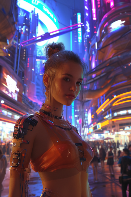 一位美丽优雅的女性，她的控制论增强与她的运动体格完美融合，但她坚定的目光中闪耀着她的人性。 故事发生在一座未来行星大小的大城市中，一条高耸的、霓虹灯闪烁的巨型街道上，盘旋着车辆和熙熙攘攘的人群。 。