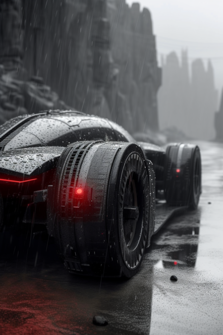 网络卡车, f1 公式, 法拉第未来设计师, EFZER01, 时尚的设计, 外星人未来派, 电气, 概念, 梯度半透明玻璃熔化, 腐蚀性, 柔软的织物, 技术军刀, 哑光染色黑色和银色和红色, 浅灰色背景, 背光, 超写实、工作室摄影、电影视觉效果