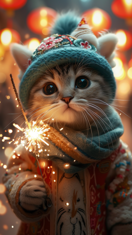 一只可爱的小猫戴着中国传统的舞龙帽子，穿着时尚的汉服，手拿点燃的仙女棒，周围环绕着烟花，营造出一种异想天开的节日气氛。背景是夜晚的广东街道，灯笼闪烁