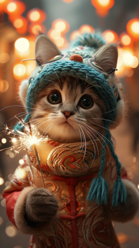 一只可爱的小猫戴着中国传统的舞龙帽子，穿着时尚的汉服，手拿点燃的仙女棒，周围环绕着烟花，营造出一种异想天开的节日气氛。背景是夜晚的广东街道，灯笼闪烁