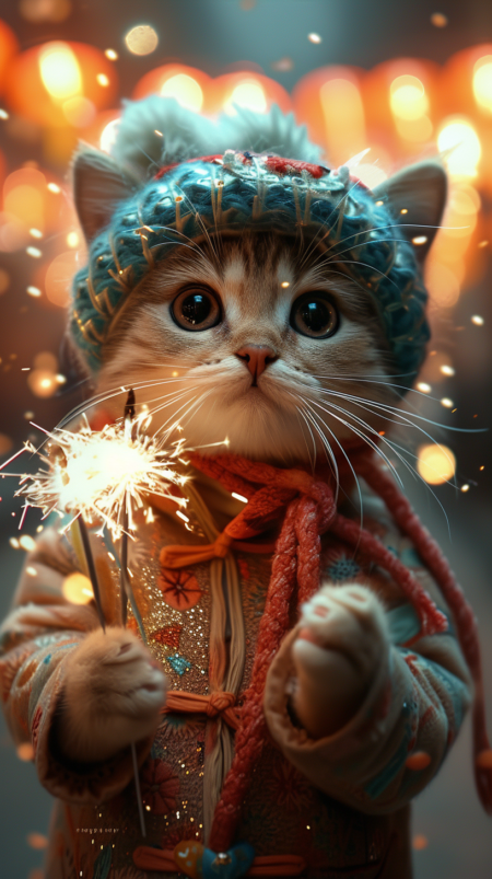 一只可爱的小猫戴着中国传统的舞龙帽子，穿着时尚的汉服，手拿点燃的仙女棒，周围环绕着烟花，营造出一种异想天开的节日气氛。背景是夜晚的广东街道，灯笼闪烁