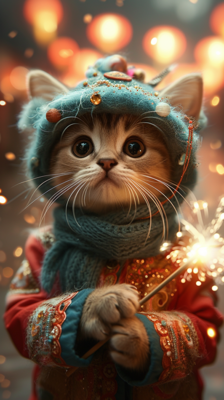 一只可爱的小猫戴着中国传统的舞龙帽子，穿着时尚的汉服，手拿点燃的仙女棒，周围环绕着烟花，营造出一种异想天开的节日气氛。背景是夜晚的广东街道，灯笼闪烁