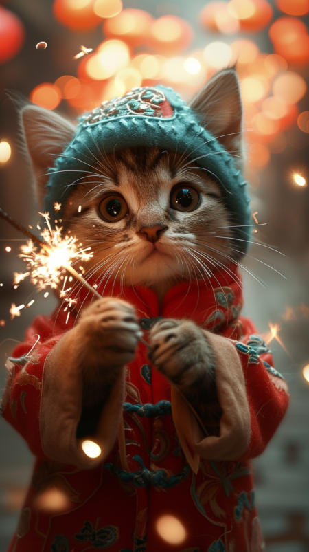 一只可爱的小猫戴着中国传统的舞龙帽子，穿着时尚的汉服，手拿点燃的仙女棒，周围环绕着烟花，营造出一种异想天开的节日气氛。背景是夜晚的广东街道，灯笼闪烁