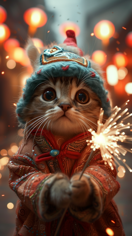 一只可爱的小猫戴着中国传统的舞龙帽子，穿着时尚的汉服，手拿点燃的仙女棒，周围环绕着烟花，营造出一种异想天开的节日气氛。背景是夜晚的广东街道，灯笼闪烁