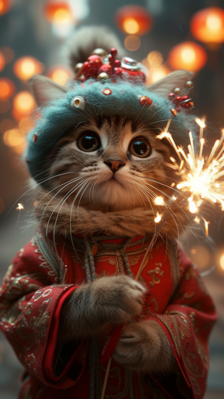 一只可爱的小猫戴着中国传统的舞龙帽子，穿着时尚的汉服，手拿点燃的仙女棒，周围环绕着烟花，营造出一种异想天开的节日气氛。背景是夜晚的广东街道，灯笼闪烁