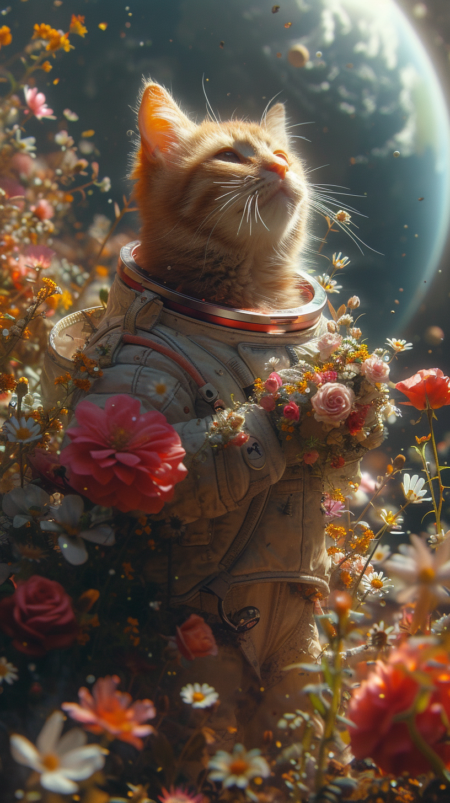 一只穿着宇航服的橙色猫站在鲜花盛开的月球表面，手里拿着鲜花和玫瑰。阳光照射在上面，背景可以看到远处的地球。写实摄影，