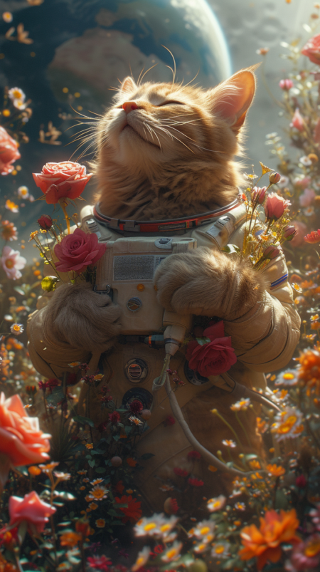 一只穿着宇航服的橙色猫站在鲜花盛开的月球表面，手里拿着鲜花和玫瑰。阳光照射在上面，背景可以看到远处的地球。写实摄影，
