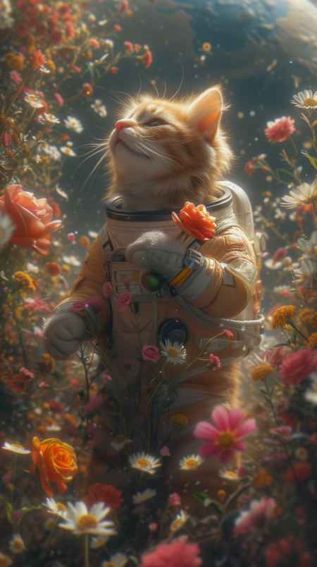 一只穿着宇航服的橙色猫站在鲜花盛开的月球表面，手里拿着鲜花和玫瑰。阳光照射在上面，背景可以看到远处的地球。写实摄影，