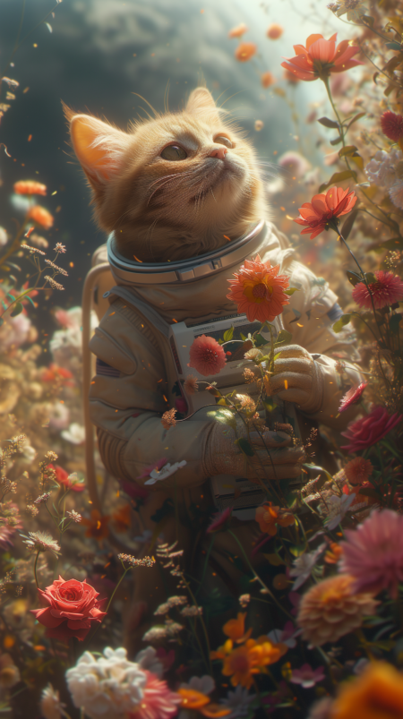 一只穿着宇航服的橙色猫站在鲜花盛开的月球表面，手里拿着鲜花和玫瑰。阳光照射在上面，背景可以看到远处的地球。写实摄影，