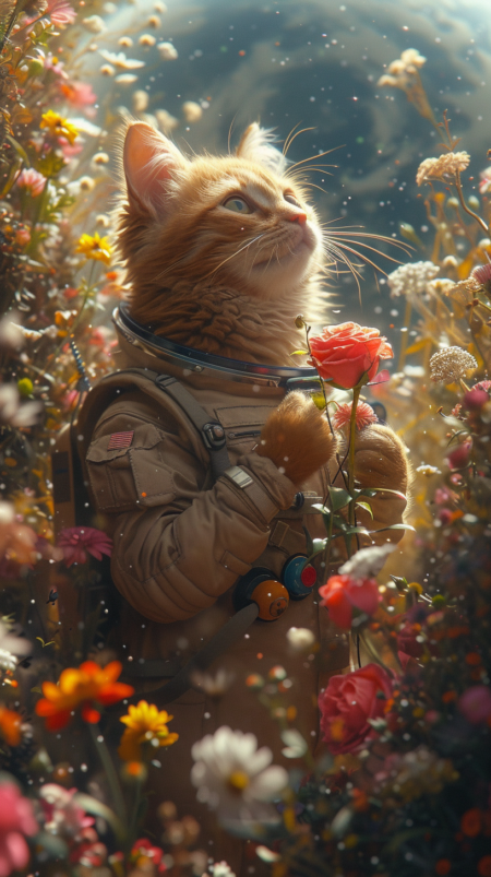 一只穿着宇航服的橙色猫站在鲜花盛开的月球表面，手里拿着鲜花和玫瑰。阳光照射在上面，背景可以看到远处的地球。写实摄影，