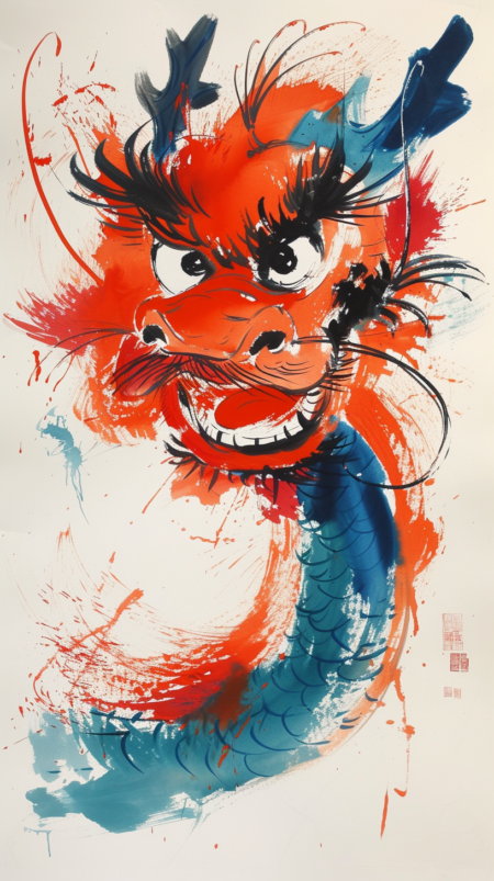 莫德刘易斯画的中国龙，非常可爱的中国龙，头部特写，n，抽象简单的线条，插图，毕加索，多色，高级配色，白色背景，18k