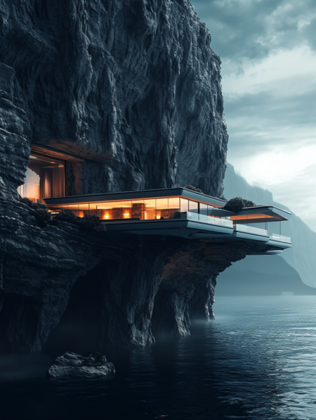 一张超现实的建筑照片，展示了一座巨大的未来派房屋，配有全景窗户和高高的天花板，位于大海前面的悬崖内。墙壁是黑暗山脉的一部分。中性光柔和阴影复杂细节8k