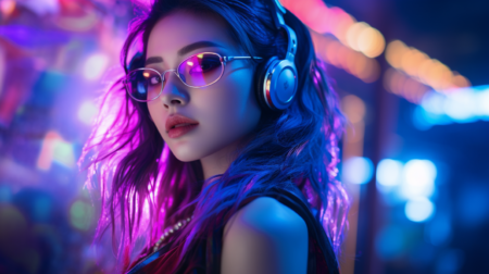 新少女表演，背后有眼镜，紫光，大胆时尚摄影风格，清朝，福伦达heliar 15mm f/4.5，特写强度，色彩强度，全息图，太阳能神