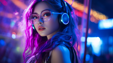 新少女表演，背后有眼镜，紫光，大胆时尚摄影风格，清朝，福伦达heliar 15mm f/4.5，特写强度，色彩强度，全息图，太阳能神