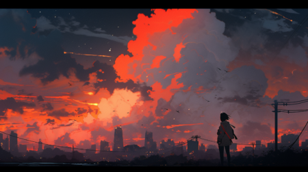 动漫, 动漫之夜, 日落, atey ghailan 风格, 浅黑色和红色, 云白色, 生锈的碎片, 游荡的眼睛, 浪漫化的人物, 大气云, 辉煌