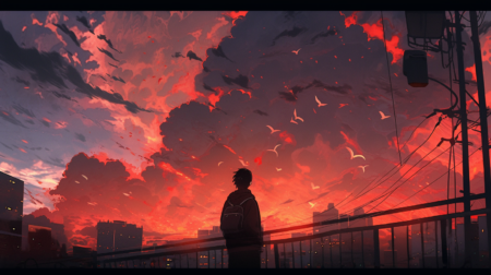 动漫, 动漫之夜, 日落, atey ghailan 风格, 浅黑色和红色, 云白色, 生锈的碎片, 游荡的眼睛, 浪漫化的人物, 大气云, 辉煌