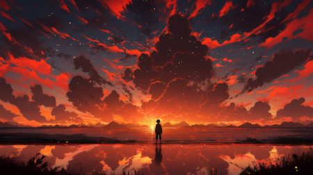 动漫, 动漫之夜, 日落, atey ghailan 风格, 浅黑色和红色, 云白色, 生锈的碎片, 游荡的眼睛, 浪漫化的人物, 大气云, 辉煌