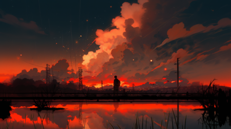 动漫, 动漫之夜, 日落, atey ghailan 风格, 浅黑色和红色, 云白色, 生锈的碎片, 游荡的眼睛, 浪漫化的人物, 大气云, 辉煌