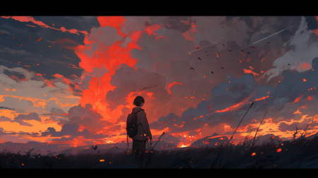 动漫, 动漫之夜, 日落, atey ghailan 风格, 浅黑色和红色, 云白色, 生锈的碎片, 游荡的眼睛, 浪漫化的人物, 大气云, 辉煌