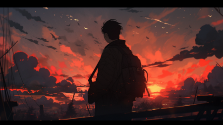 动漫, 动漫之夜, 日落, atey ghailan 风格, 浅黑色和红色, 云白色, 生锈的碎片, 游荡的眼睛, 浪漫化的人物, 大气云, 辉煌