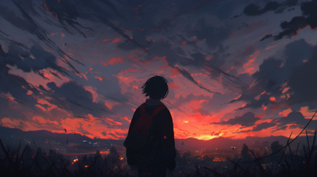 动漫, 动漫之夜, 日落, atey ghailan 风格, 浅黑色和红色, 云白色, 生锈的碎片, 游荡的眼睛, 浪漫化的人物, 大气云, 辉煌