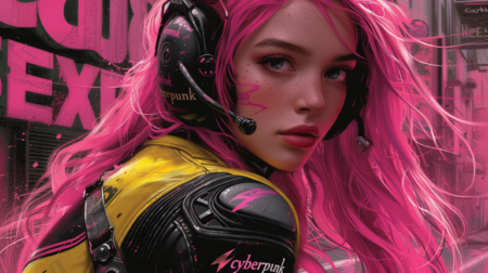 “赛博朋克 Garbex”的新标志设计 川崎 ZX-10RR 上美丽的粉红色长发女孩黄色和黑色，黑色背景，标志设计，详细文字“赛博朋克 Garbex”颜色粉红色莱拉和黑色