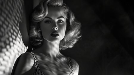 电影照片肖像海报金发女郎蛇蝎美人黑色戏剧人物照明 85 毫米镜头，吉尔·埃尔夫格伦和赫尔穆特·牛顿的风格