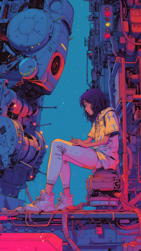 洛菲霓虹灯颜色 80 年代动漫静止，修理机甲的女孩，复古时尚，柔和的复古色彩，龙天堂的风格