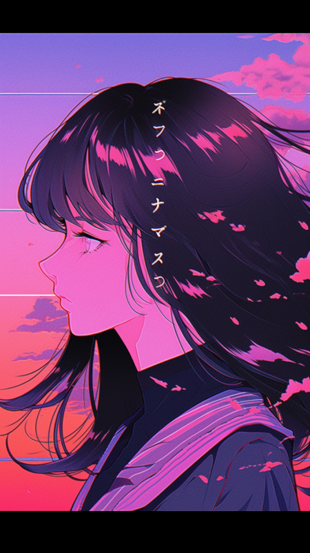 女loFi专辑封面美学，蒸汽波，动漫风格，全彩，学园动漫风格