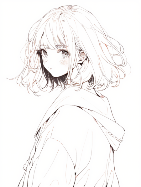 手绘线条，插画风格，动漫小女孩